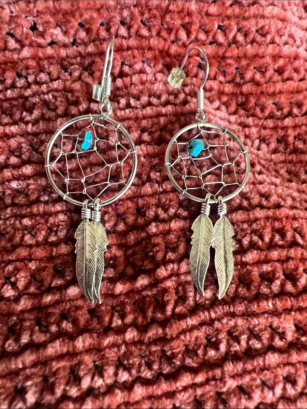 Sterling Silver Dreamcatcher Feather Drop Earrings with Turquoise Accent